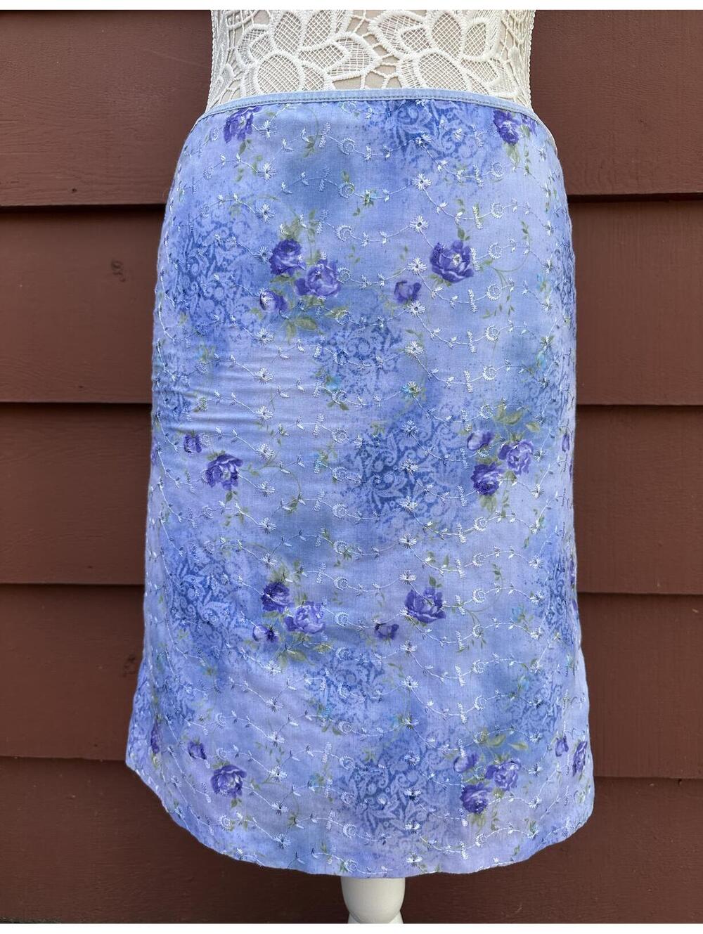 Vintage Exact Change Floral Embroidered Blue Skirt